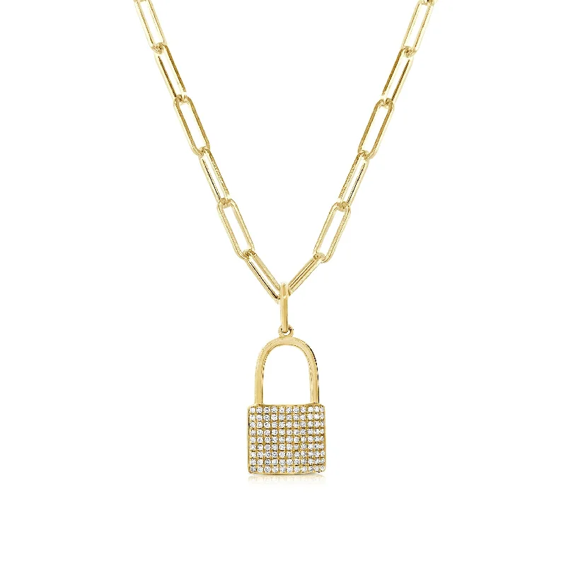 Multi-birthstone necklaces-Joelle Diamond Lock Charm Paperclip Link Chain 3/8 ct. Necklace 14K Yellow Gold