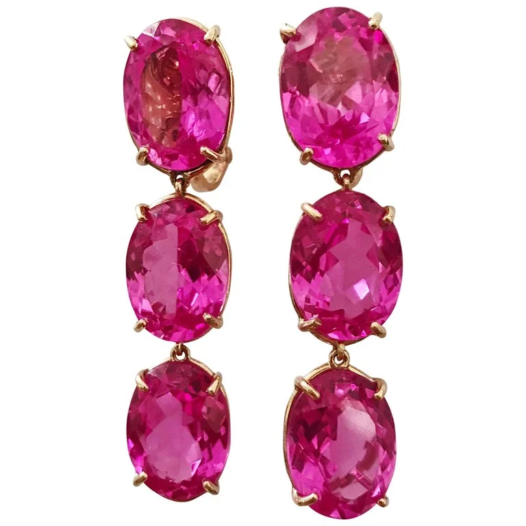 Pure crystal earrings-Elegant Three-Stone Drop Earrings with Pink Topaz