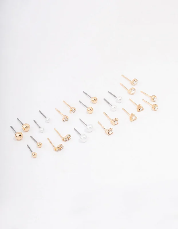 Alloy metal earrings-Gold Classic Pearl & Diamante Stud Earring 12-Pack