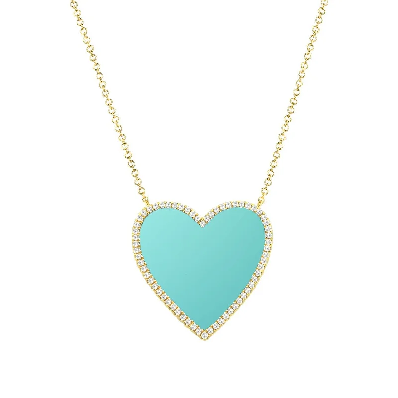 Solid link necklaces-Joelle Turquoise & Diamond Pave Heart Necklace 14K Gold