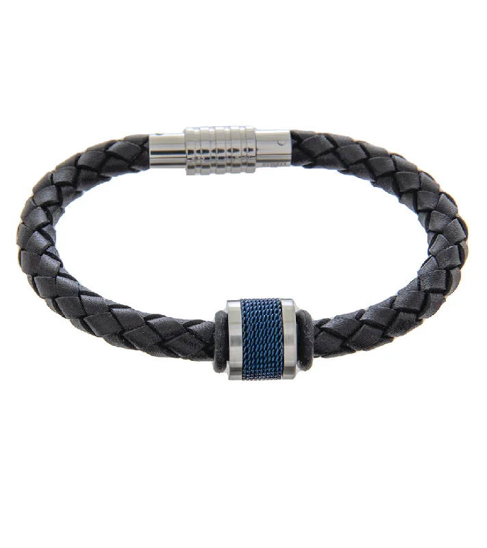 Textured letter bangles-Mens Bracelet 19cm Black Leather with Blue Mesh Accent