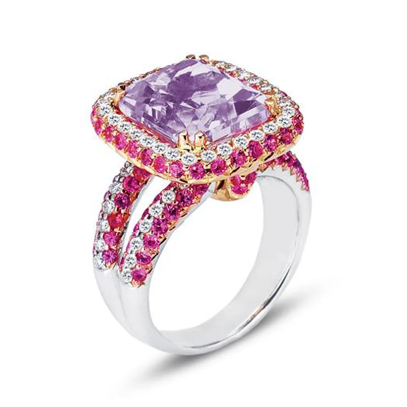 Tri-tone engagement rings-18K White Gold Ring With Diamonds Sapphires And Kunzite