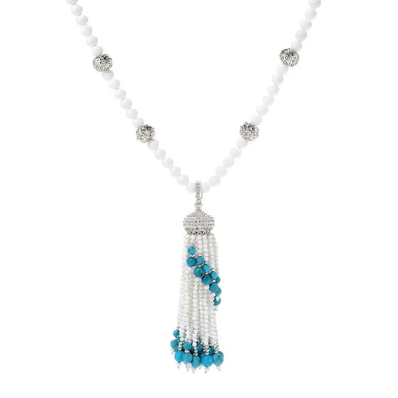 Smooth pendant necklaces-Dallas Prince Sterling Silver White Agate & Gemstone Tassel Enhancer Pendant w/ 30" Bead Necklace