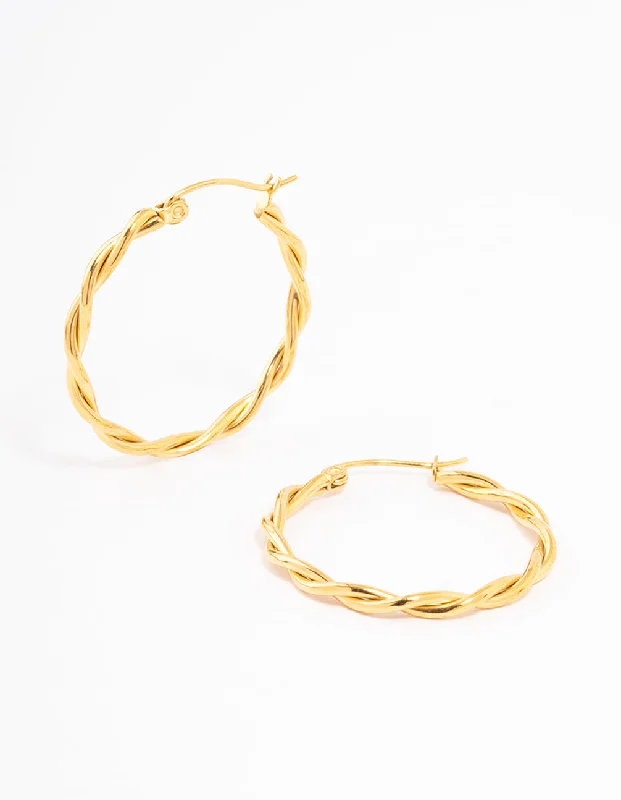 Coiled cord earrings-Waterproof Gold Plated Stainless Steel Medium Thin Twisted Hoop Earrings