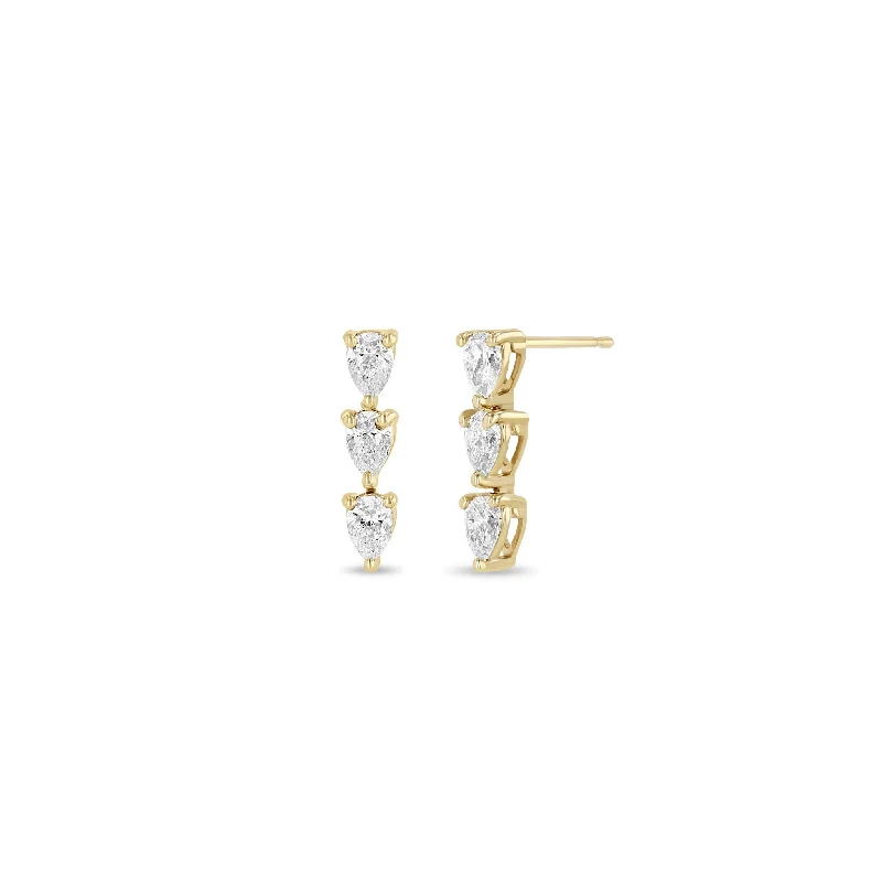 Layered tier earrings-14k 3 Linked Pear Diamond Drop Earrings