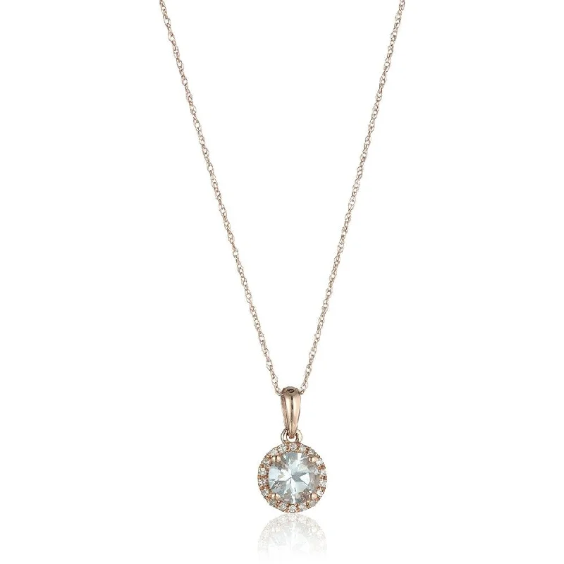 Lapis drop necklaces-10k Rose Gold Aquamarine and Diamond Classic Princess Di Halo Pendant Necklace, 18"