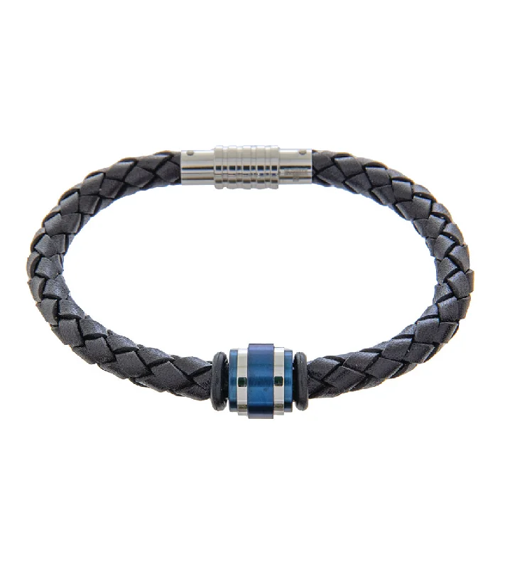 Pure link bangles-Mens Bracelet 21cm Black Leather with Blue Accent