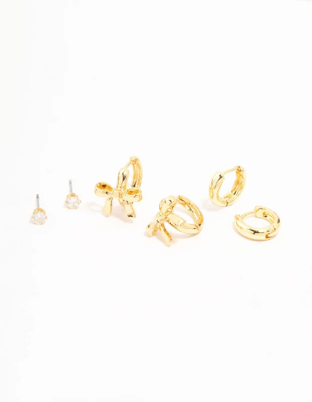 Reef knot earrings-Gold Plated Brass Bow Drop & Cubic Zirconia Huggie & Stud Earrings 3-Pack