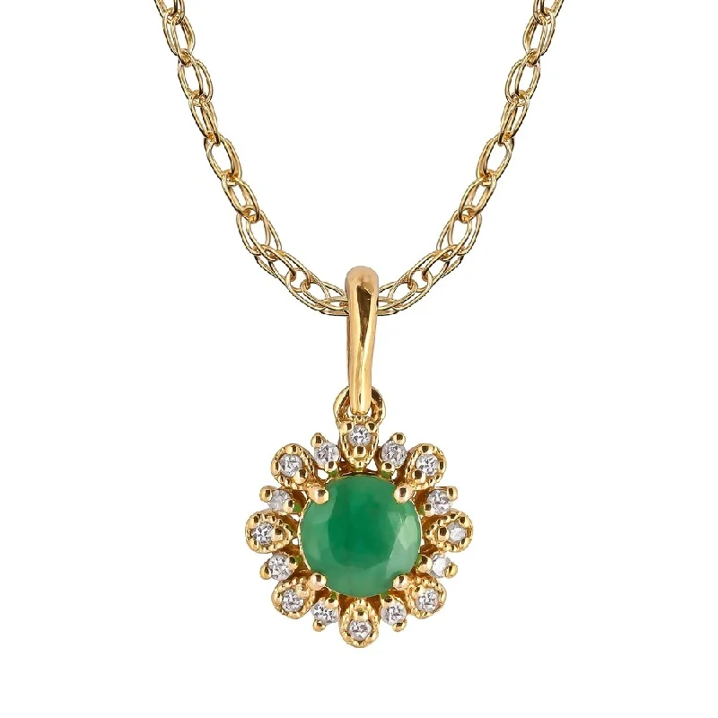 Leaf motif necklaces-Viducci 10k Yellow Gold Genuine Round Emerald and Diamond Vintage Style Halo Pendant Necklace