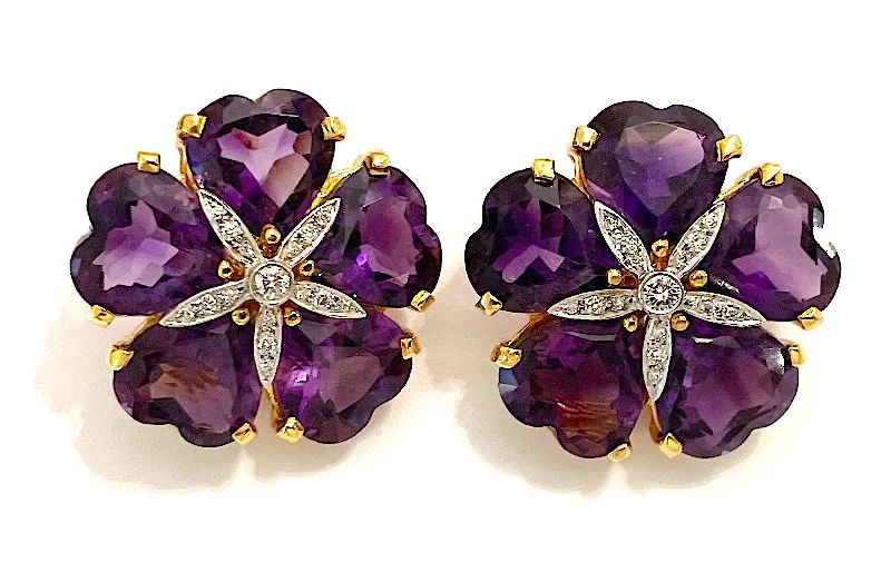 Topaz earrings-18kt Yellow Gold Large Sand Dollar Earring with Amethyst and Diamonds