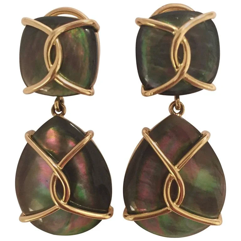 Petal hoop earrings-18kt Yellow Gold Abalone Cushion and pear shaped Drop Earrings with Twisted Gold Detail