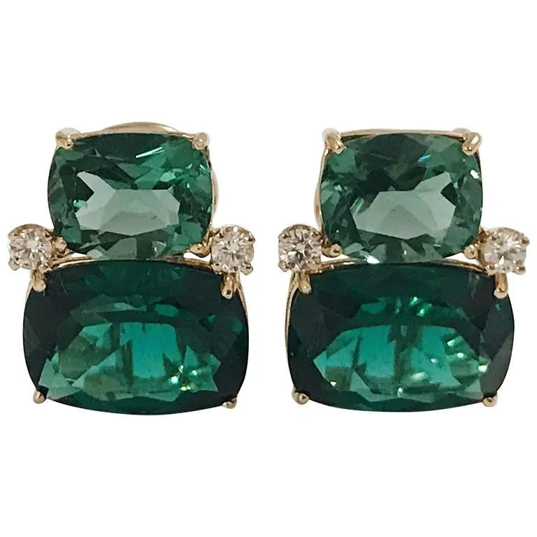 Two-tone earrings-Double Cushion Green Quartz Diamond Yellow Gold Earrings