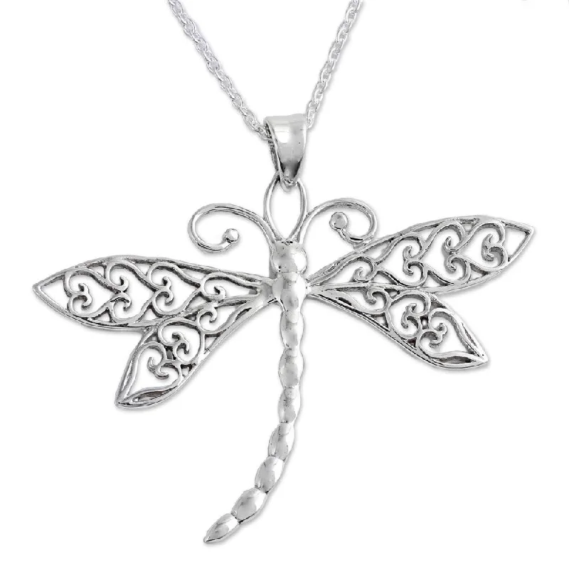 Silk fringe necklaces-Handmade Dazzling Dragonfly Sterling Silver Necklace (India)