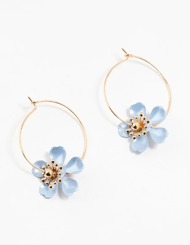 Fox wing earrings-Gold Coated Blue Stapled Flower Hoop Earrings