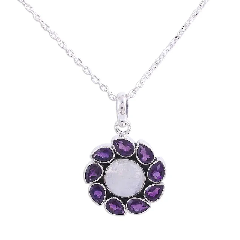 Onyx gem necklaces-Handmade Sterling Silver 'Floral Windmill' Amethyst Rainbow Moonstone Necklace (India)