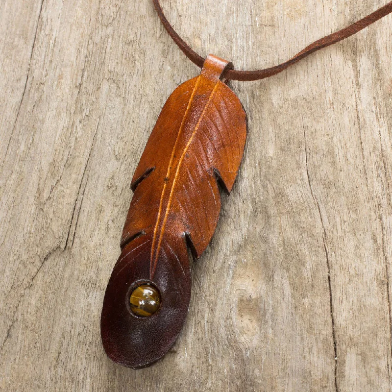 Haze glass necklaces-Handmade Leather 'Feather Spirit' Tiger's Eye Necklace (Thailand) - 31" L x 1.2" W