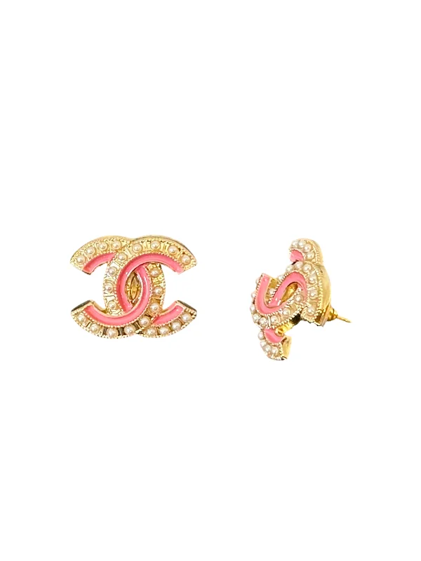 Pink gold earrings-CC Cutout Pink & Pearl Button Earrings