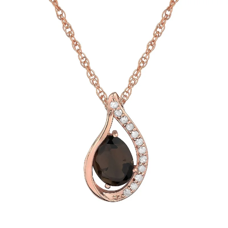 Secure clasp necklaces-Viducci 10k Rose Gold Genuine Oval Smoky Quartz and Diamond Halo Drop Pendant Necklace