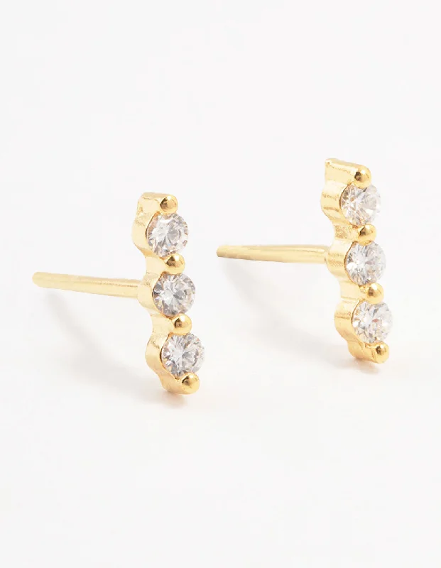 Two-tone earrings-Gold Plated Sterling Silver Cubic Zirconia Bar Earrings