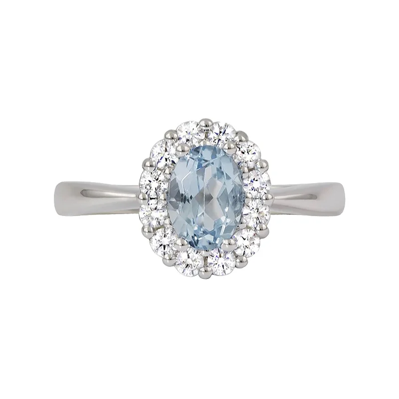 Chunky gem engagement rings-Aquamarine & Diamond Halo Ring