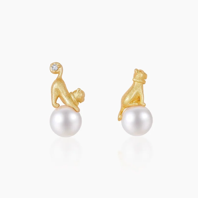 Java tile earrings-Cat Pearl Earring Studs in Sterling Silver