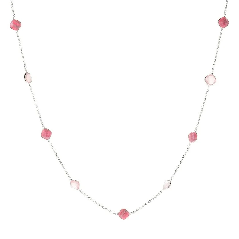 Rope braid necklaces-Sterling Silver 36" 10mm Cushion Shaped Rhodochrosite Station Necklace