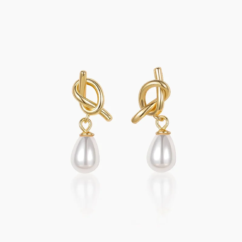 Light wood earrings-14K Gold Plated Knotted Pearl Earrings