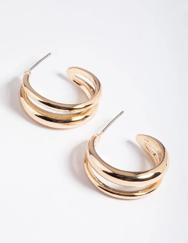 Tide design earrings-Gold Double Hoop Earrings