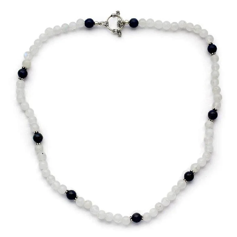 Radiant pearl necklaces-Handmade Sterling Silver 'Jaipur Skies' Moonstone Lapis Lazuli Necklace (India)