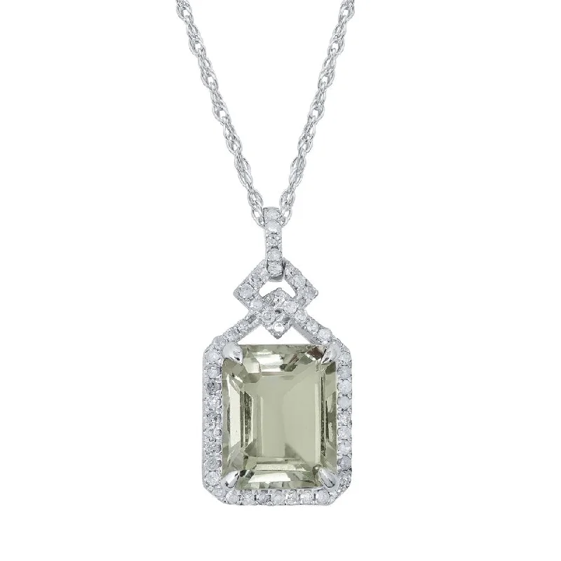 Cedar wood necklaces-Viducci 10k White Gold Genuine Emerald-cut Green Amethyst and 1/4ct Diamond Halo Necklace