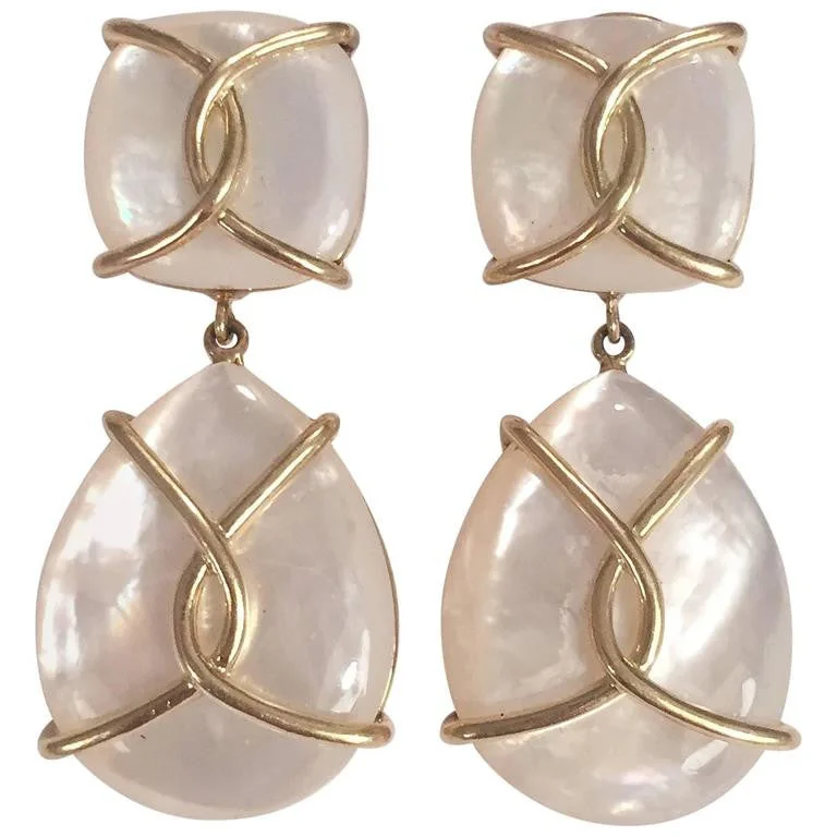 Leaf motif earrings-Mother Of Pearl Cushion Drop Earrings with Twisted Gold Detail