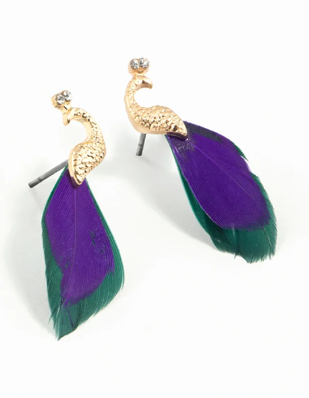 Victorian style earrings-Blue Green Feather Mini Peacock Earrings