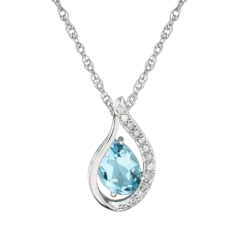 Slanted design necklaces-Viducci 10k White Gold Genuine Oval Blue Topaz and Diamond Halo Drop Pendant Necklace