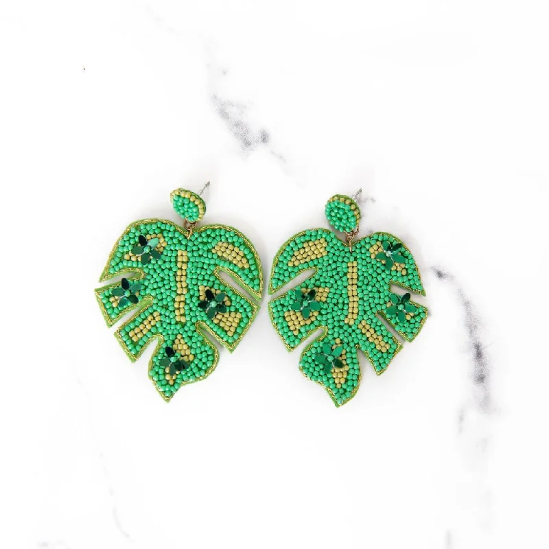 Tiny heart earrings-Beaded Palm Leaf Earrings