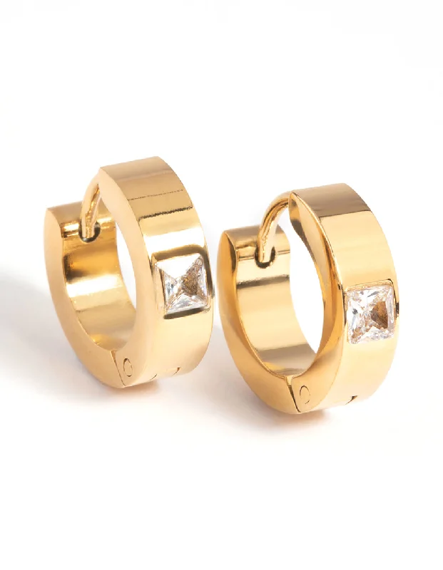 Onyx stone earrings-Waterproof Gold Plated Stainless Steel Cubic Zirconia Huggie Hoop Earrings