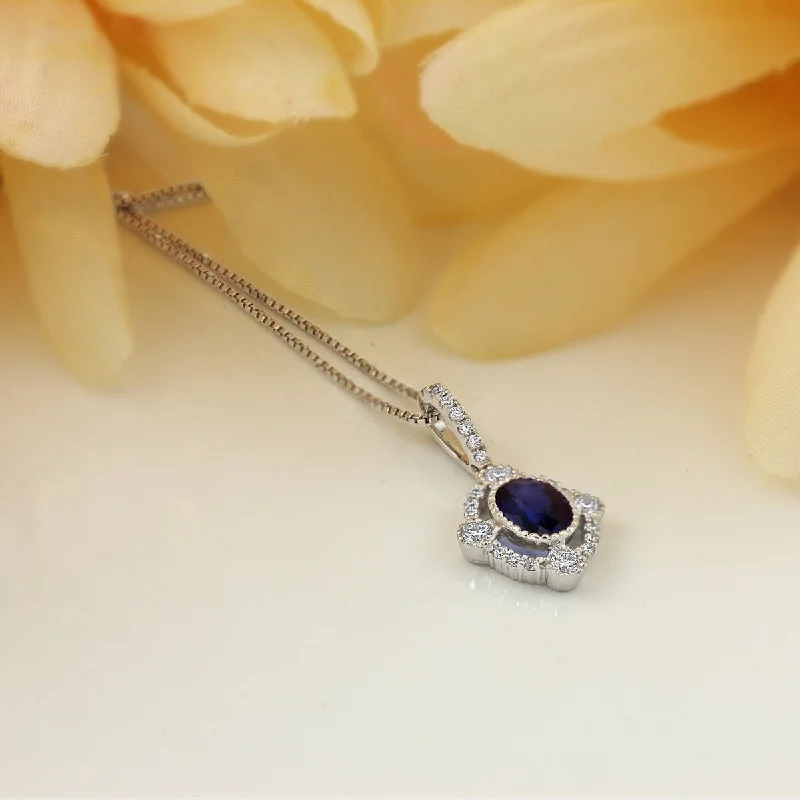 Half moon necklaces-Auriya Fancy Oval Shaped 9/10ct Royal Blue Sapphire and 1/3ctw Halo Diamond Necklace 18k Gold