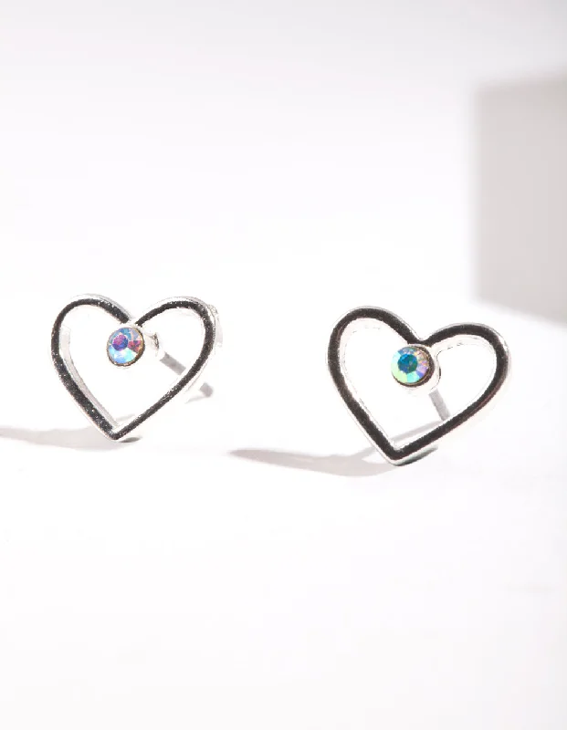 Sleek stud earrings-Silver Cut Out & Diamante Heart Stud Earring