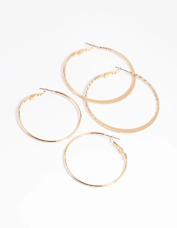 Thin threader earrings-Gold Plain Hoop Earring Set