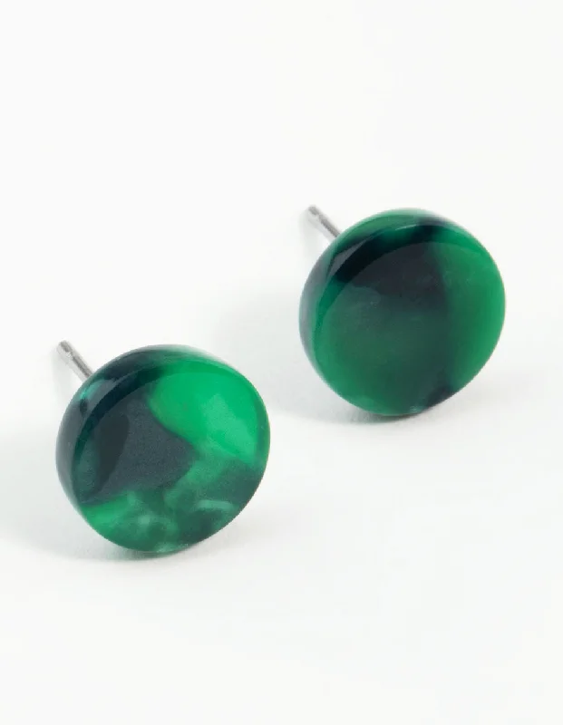 Fluid art earrings-Green Resin Mini Circle Stud Earrings