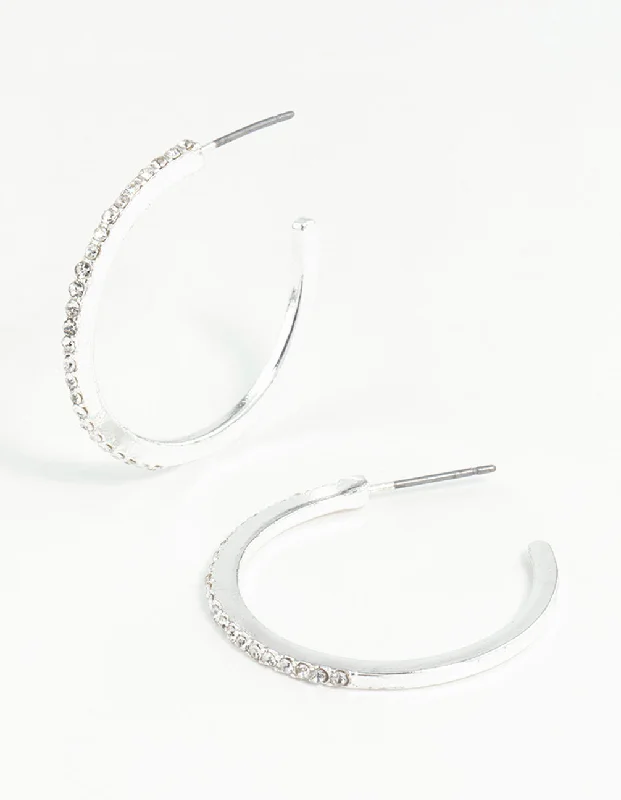 Light wood earrings-Silver Thin Diamante Hoop Earrings