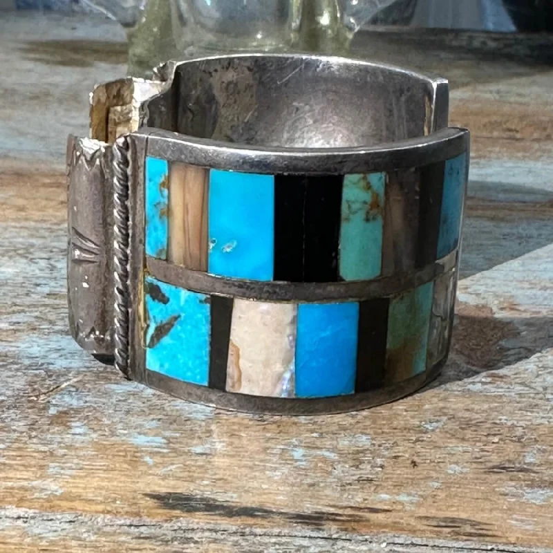 Coiled cord bangles-Old Navajo Turquoise Mosaic Inlay Bracelet Sterling Silver