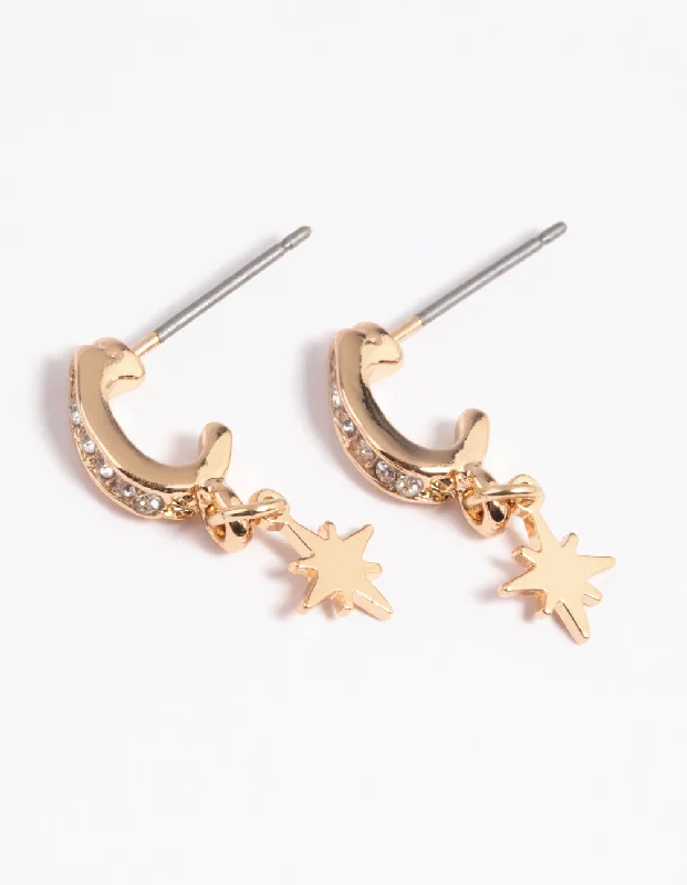 Solid ring earrings-Gold Diamante Star Huggie Hoop Earrings