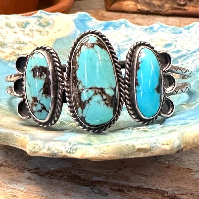 Textured letter bangles-Vintage Navajo Sterling Silver Bracelet Blue & Black Turquoise