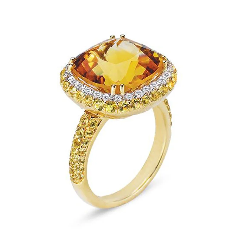 Citrine gem engagement rings-18K YELLOW GOLD RING WITH DIAMONDS SAPPHIRES AND CITRINE