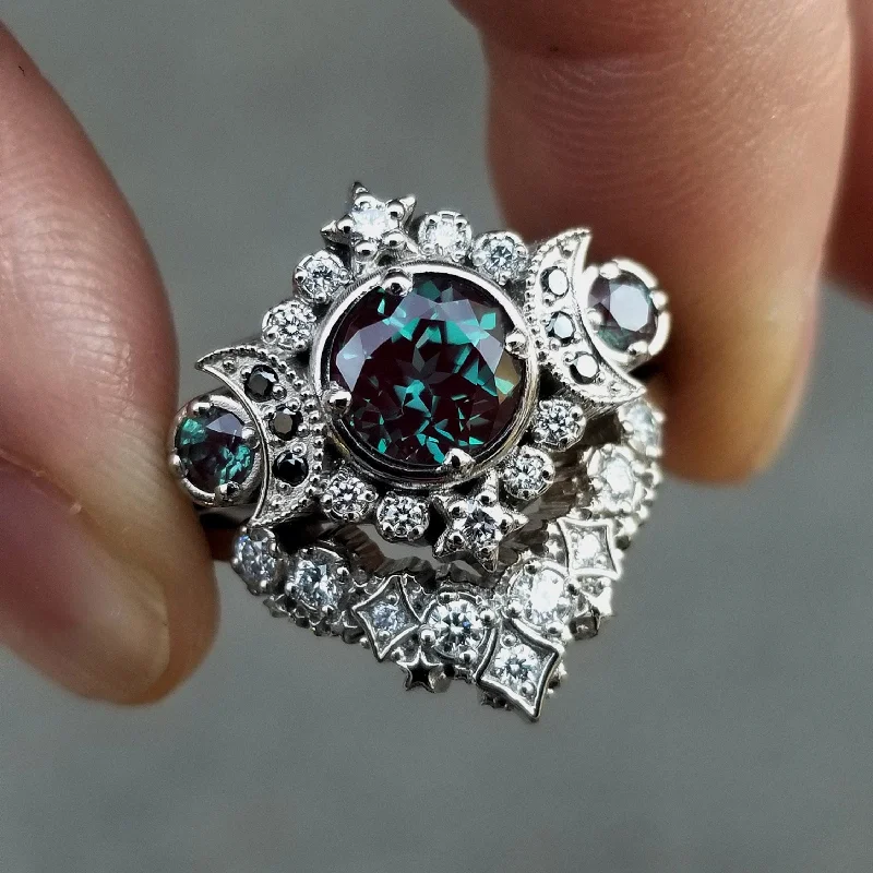 Selene Moon Goddess Ring Set - Alexandrite with Black and White Diamonds and Diamond Stardust Wedding Band - 14k Palladium White Gold