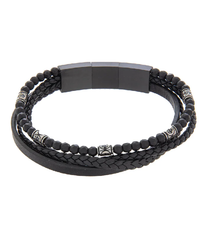 Braided silk bangles-Mens Bracelet 21-23 cm Black Multi-Leather with Stone and extender