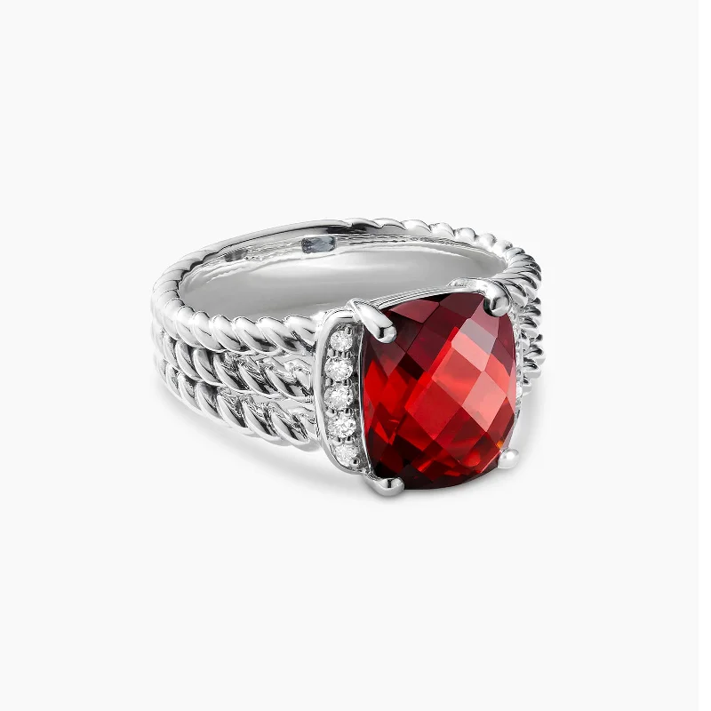 Wide band engagement rings-Garnet and Diamond Wheaton Ring