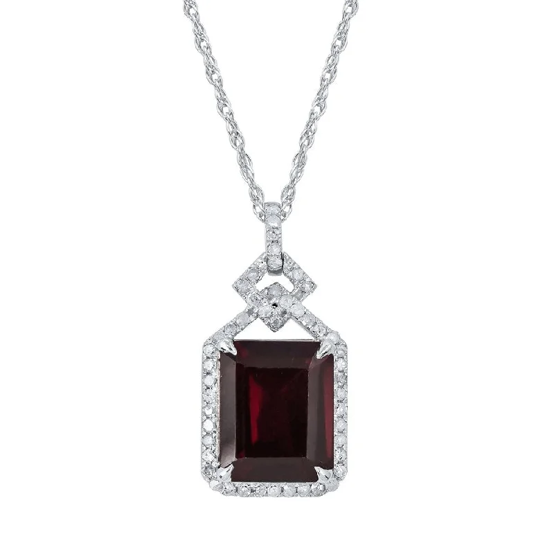 Braided link necklaces-Viducci 10k White Gold Genuine Emerald-cut Garnet and 1/4ct Diamond Halo Necklace