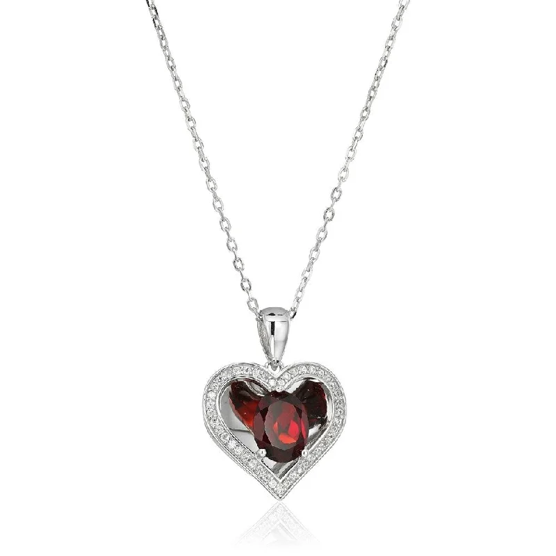 Spinel necklaces-Sterling Silver Red Garnet Reflection Heart Pendant Necklace, 18"