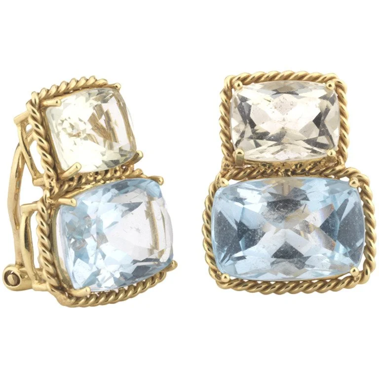 Wide statement earrings-18kt Yellow Gold Medium Two Stone Cushion Cut Clip Earring with Rope Twist Border